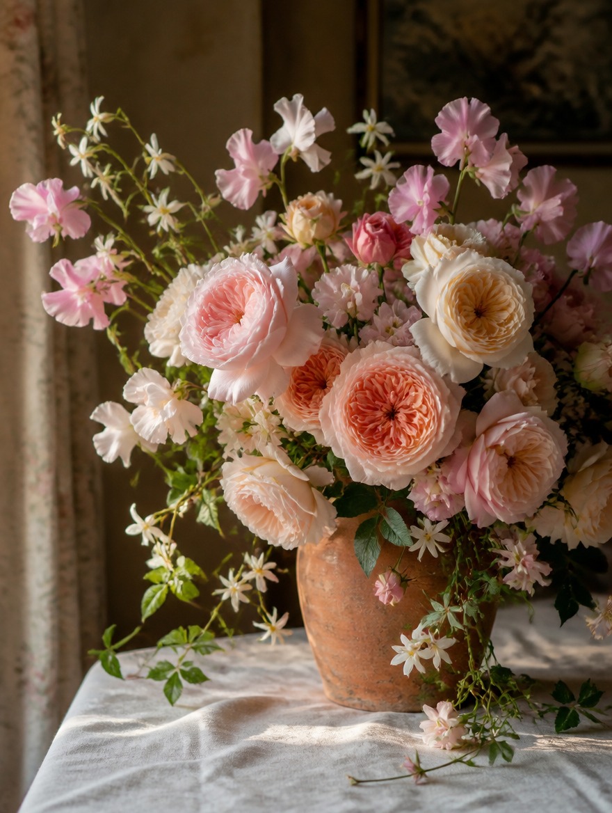 The Garden Party bouquet — hand-tied garden roses, sweet peas, and trailing jasmine