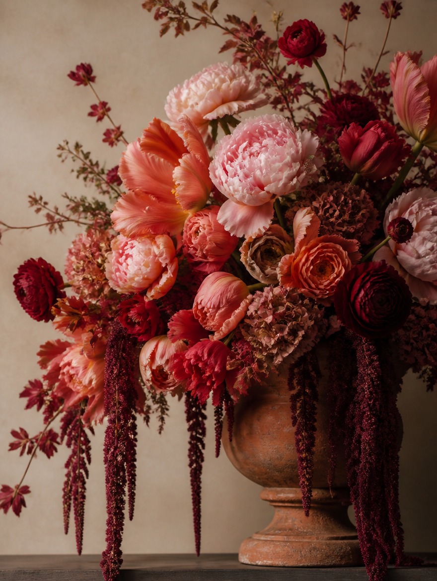 The Grand Gesture bouquet — dramatic peonies, parrot tulips, ranunculus, and cascading amaranthus