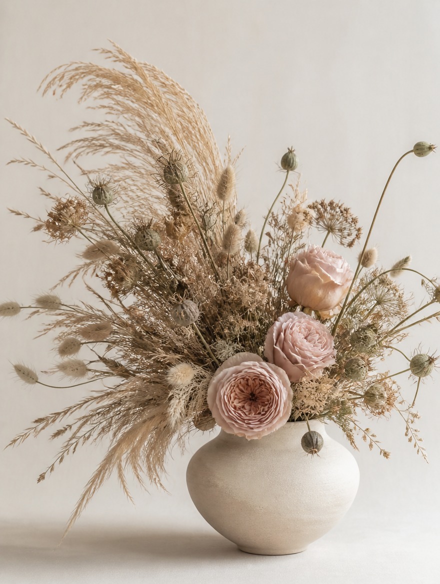 The Wild One bouquet — asymmetrical dried grasses, seed heads, and garden roses